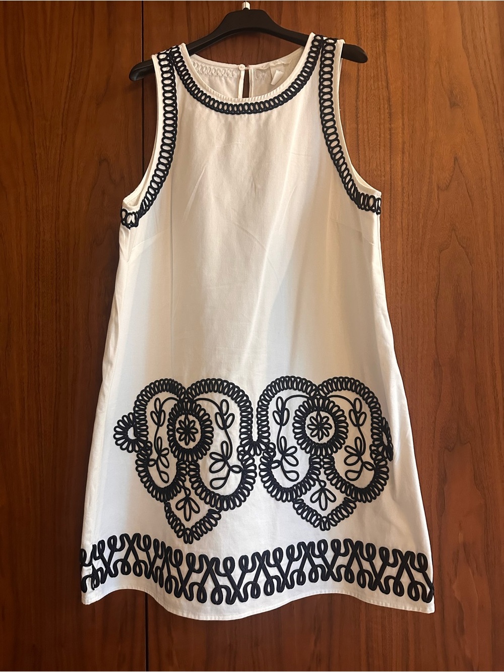 White Sleeveless Shift Dress with Black Embroidered Trim